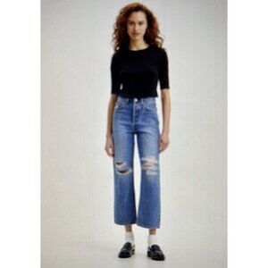 LEVI Strauss Co Rib Cage Straight Leg Distressed Cropped Ankle Blue Jeans 32/27